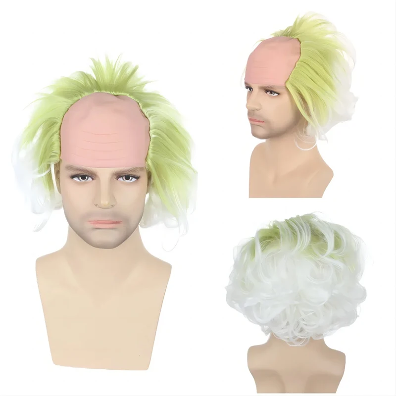 شعر صناعي تنكري مقاس 10 بوصات، Yin-Yang Mage، Beetle، المهرج الأخضر، شعر مجعد، أداء مرحلة حفلات الهالوين، شعر مستعار أصلع #5