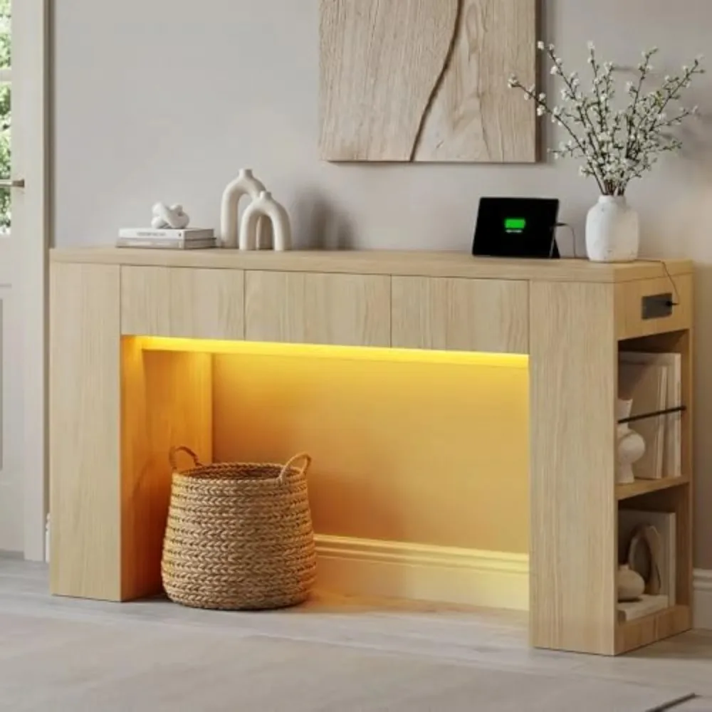 Entryway Table with 3 Drawers & Charging Station, 63" Console Table | with LED Lights, Side storage Shelves, Vintage