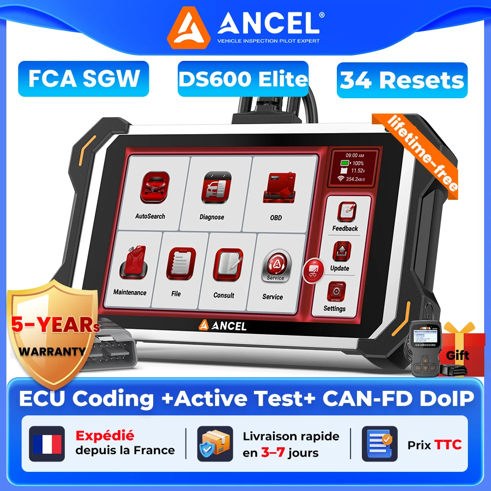 ANCEL DS600 Elite Scanner OBD2 bidirectionnel, outil de diagnostic complet du système avec plus de 34 services de réinitialisation, codage ECU, FCA SGW AutoAuth
