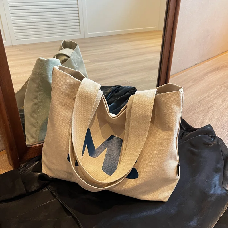 New Simple Large Capacity Canvas Bag Letter Printing Tote Shoulder Bag Casual Solid Color Storage Bag Handbag Trendy All-match