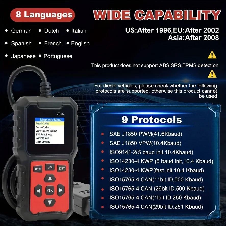 الماسح الضوئي لتشخيص السيارة [V315] - قارئ رمز الأخطاء لمدة 10 ثوانٍ، مناسب لـ 99% من المركبات (متوافق مع Obd2/Eobd)، مناسب لميكانيكا اليدوية والمهنية.