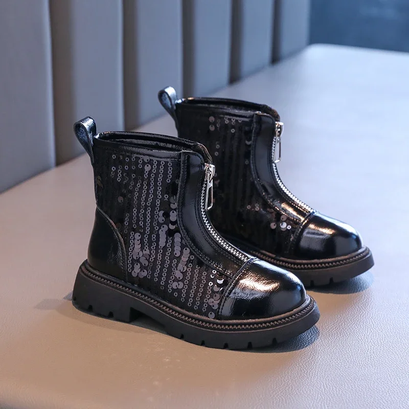 New Spring Autumn Girl\'s Ankle Boot Sequins Versatile Kids School Black Boots Fashion Causal Children Patchwork Leather Boots