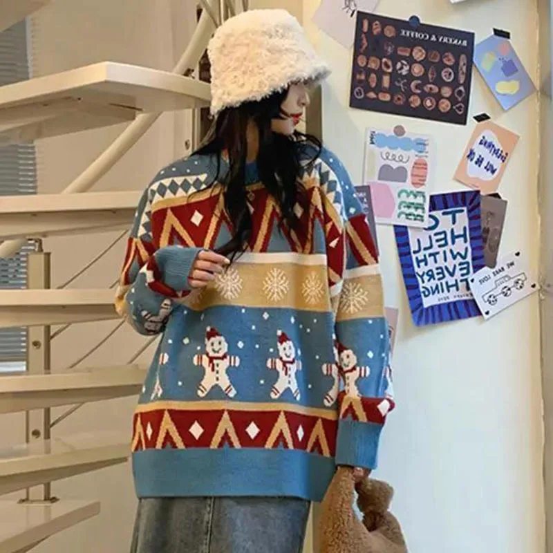 2023 Autumn and Winter Women's Contrast Round Neck Long Sleeve Loose Pullover Knitted Sweater Fashion Casual Formal Tops