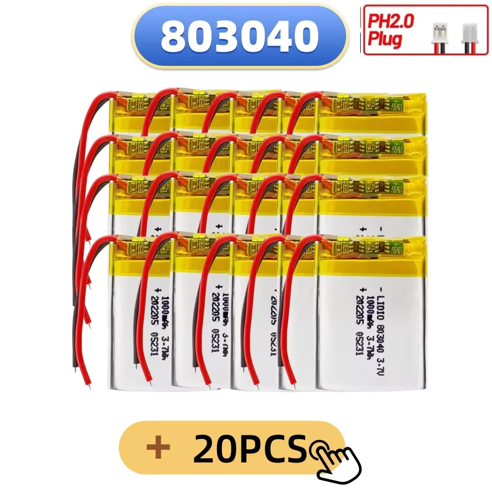 Rechargeable 803040 3.7V 1000mAh Polymer Lithium Battery W JST PH2.0 2Pin For GPS MP3 MP4 MP5 Bluetooth Headset Smart Watch
