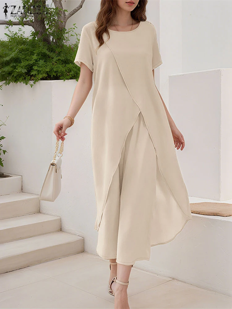 

ZANZEA 2PCS Summer Outfits Women Fashion Matching Sets Elegant Short Sleeve Irregular Long Tops Pant Sets Solid Work Tracksuits