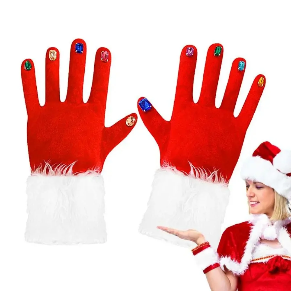 

Christmas Santa Claus Gloves Red Fur Costume Gemstone Manicure Pleuche Gloves Christmas Party Prom Cuff Costume Accessories Prop