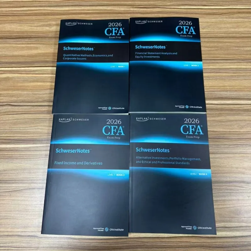 

Комплект учебных материалов CFA Level I SchweserNotes 2026: 4 книги, полный набор для подготовки, включая учебники по науке и технологиям и учебные пособия.