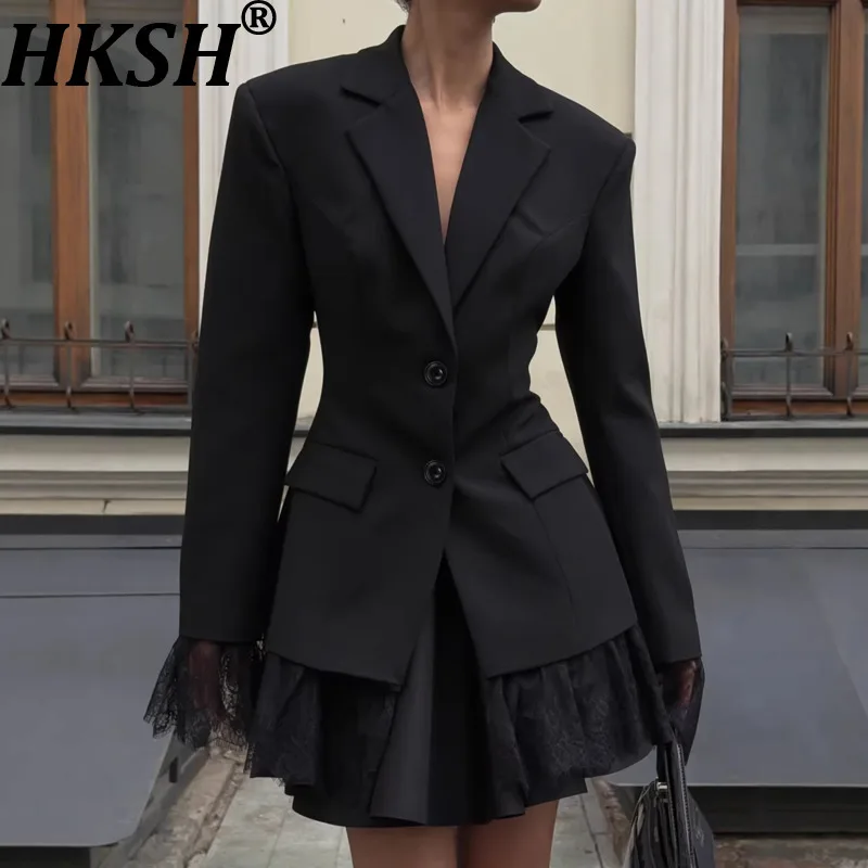 

Женский блейзер HKSH 2026, весна-осень, новинка, с лоскутным кружевным подолом, приталенный, элегантный, модный, для офиса, трендовый пиджак HK18699