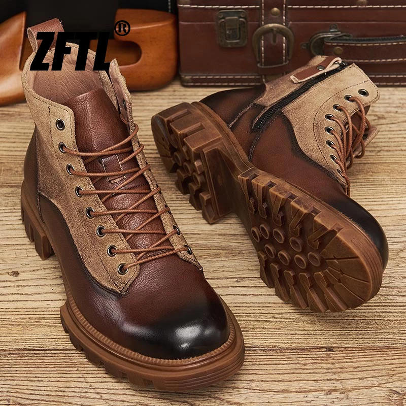 ZFTL Men\'s Casual Basic Boots Tooling Boots Man Ankle Boots Outdoor Genuine leather fabric with non-slip sole Vintage Brown 2023