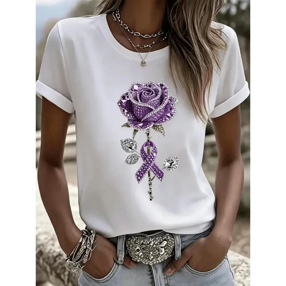Women Summer Round Neck Short Sleeve T-Shirt 3D Digital Print Denim Splicing Casual Daily Office Work Resort Wear New