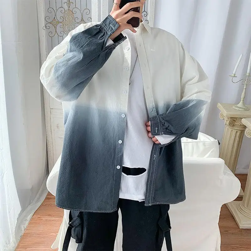

Hong Kong Style Small Fresh Gradient Color Long-sleeved White Shirt Korean Style Trendy Shirt Men's Versatile Loose