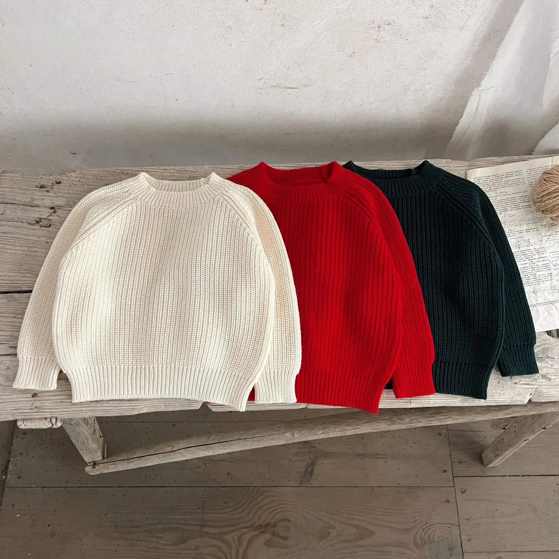 Sweater Spring Season New Korean Boys Girls Tide Children Clothing Red Knitwear Tops Korean Round Collar 2024 Soild