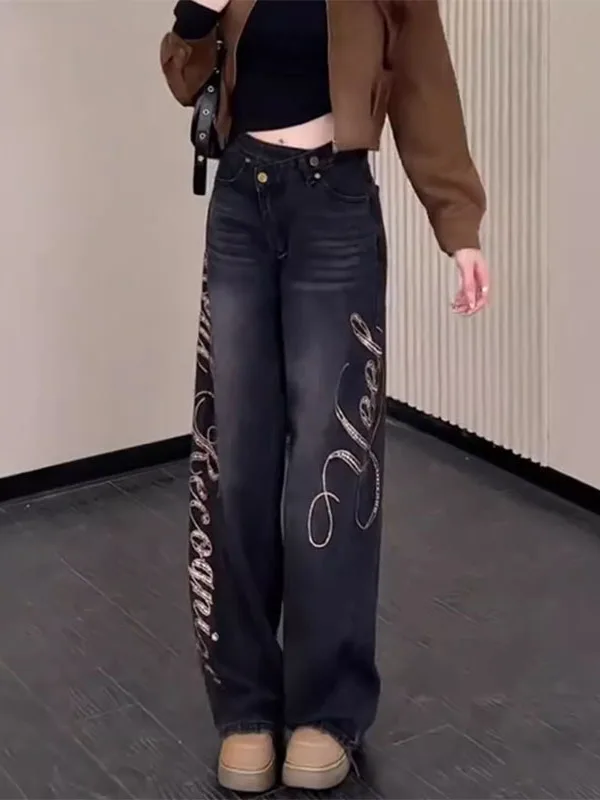 

Cool Side Rhinestone Design Casual Jeans Women's High Waist Loose Slimming Straight Leg Wide Leg Pants Commute Sle Bla