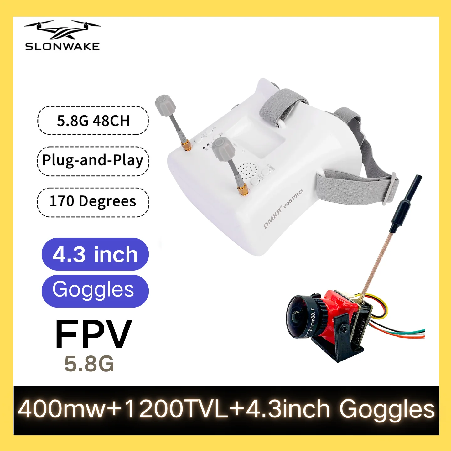 SLONWAKE 5.8G 48CH FPV 400mw VTX 1200TVL Camera 4.3-Inch Eye Mask for Racing Drones, RC Cars and Model Aircraft Fixed-Wing Dro