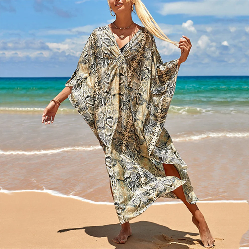 2022 New Kaftan Beach Zebra Print SnakeSkin Swimsuit Cover Up Kimono Plage Beach Robe Femme Long Dress Sarong Dress Beachwear