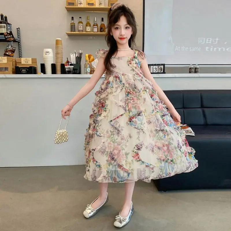 Girls Summer Dress 2024 New Fashionable Floral Lace Pleated Princess Dress for Older Childrens Birthday Party Dress