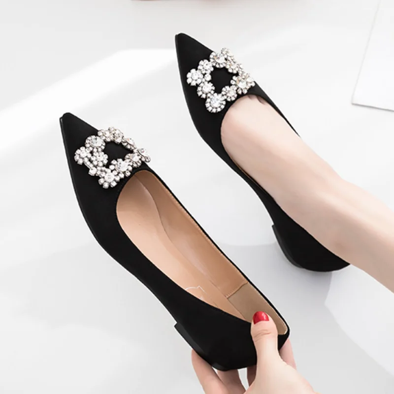 Cinderella Snow Crystal Buckle Wedding Shoes In Yellow Red Royal Blue Pointy Toe Flock Bride Flats For Dress 2024 New Arrivals