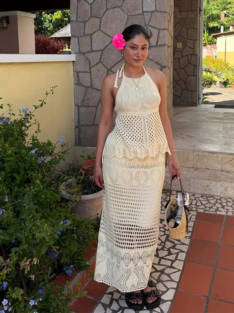 

Sexy Knitted Halter Top Hollow Skirt Set Lady Retro Backless Lace Up Vest Tops Long Skirts Sets Female Summer Chic Beach Holiday