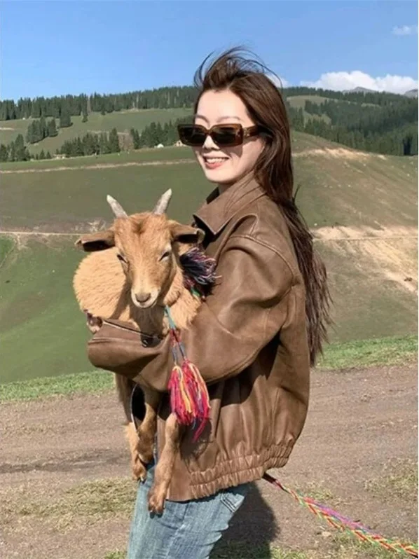 Jaet de cuero PU para motocicleta marrón Retro americano, abrigo holgado de gama alta para mujer, cárdigan de cuero súper hermoso, prendas de vestir exteriores