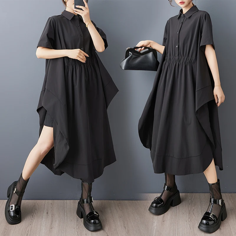 Gonna camicia in stile occidentale dal design di nicchia irregolare scuro, abito ampio che copre la pancia alla moda con spacco laterale