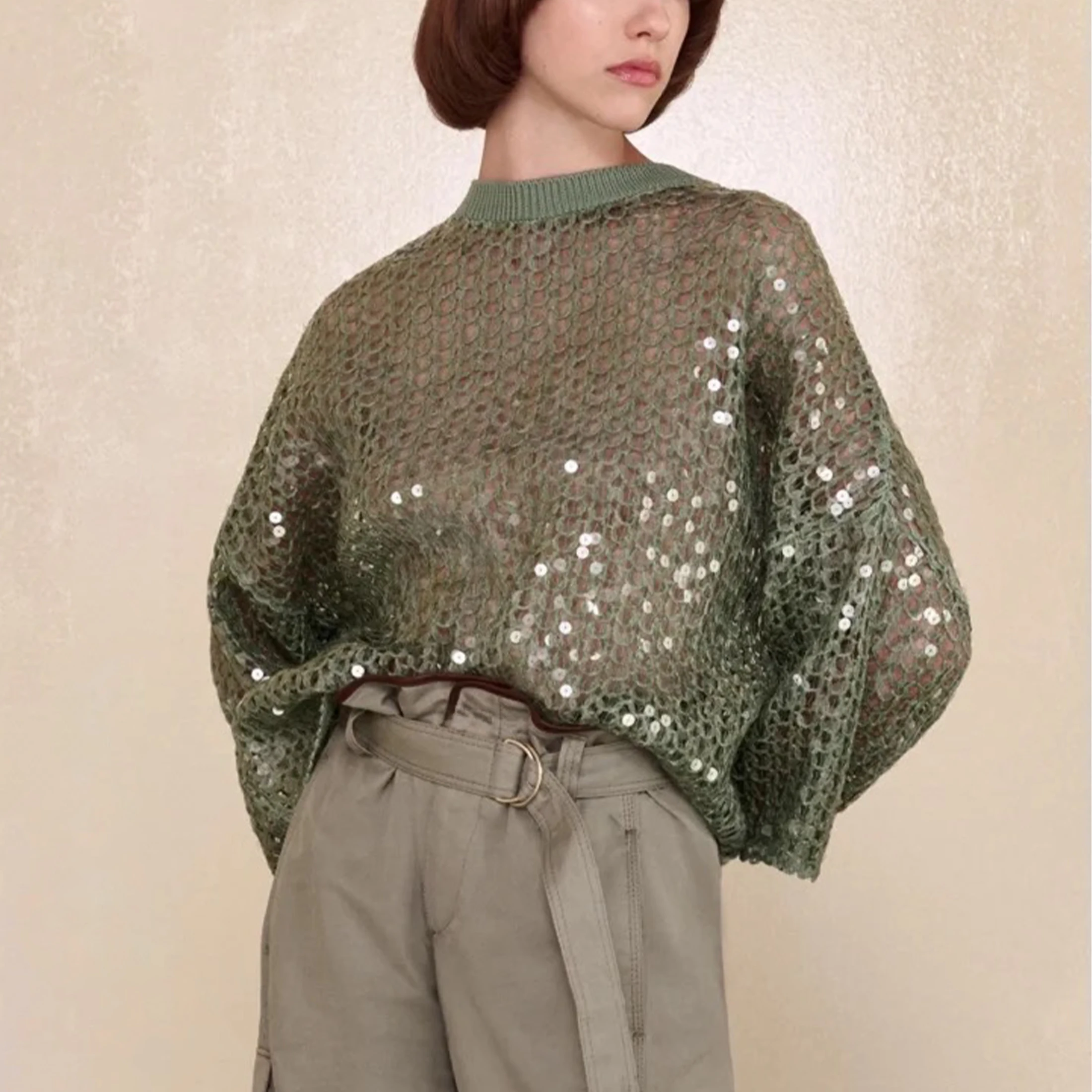 NIGO Women's Fashion Heavy Fish Scale Sequins Hollow Loose Lazy Wind Pullover RSequin Long Sleeve Sweater Ngvp #nigo6614