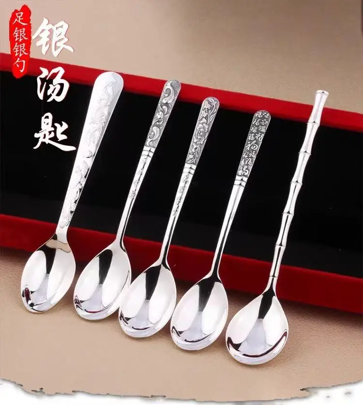 

Серебряная ложка из чистого серебра 999 пробы, домашняя креативная милая детская ложка для еды с длинной ручкой, суповая ложка, ложка