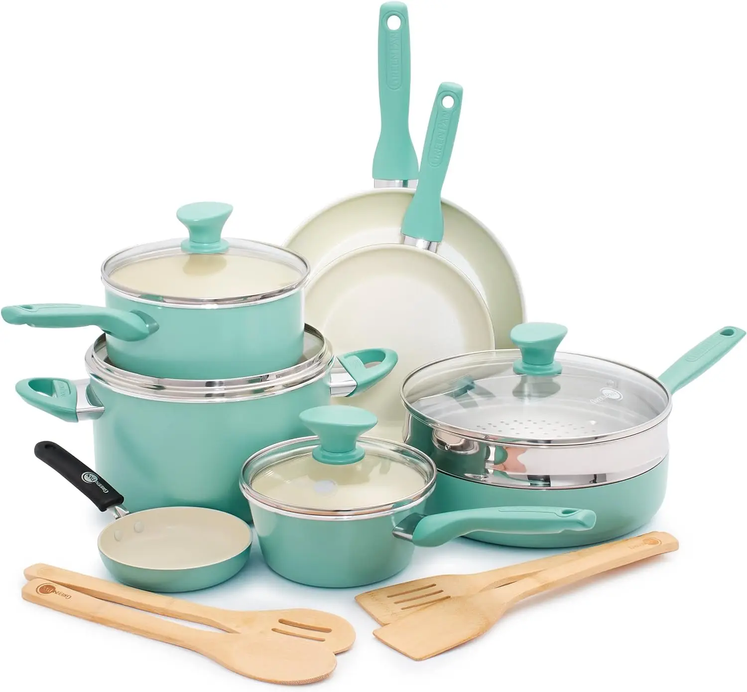 GreenPan Rio Healthy Ceramic Nonstick 16 Piece Cookware Pots and Pans Set, PFAS-Free, Dishwasher Safe, Turquoise