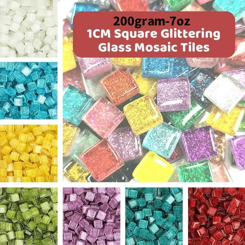 200g/7oz(Approx 210pcs) Glitter Shiny Glass Pure Color Mosaic Tiles 1cm Square Mosaic Stone Multi-Color DIY Crafts Material