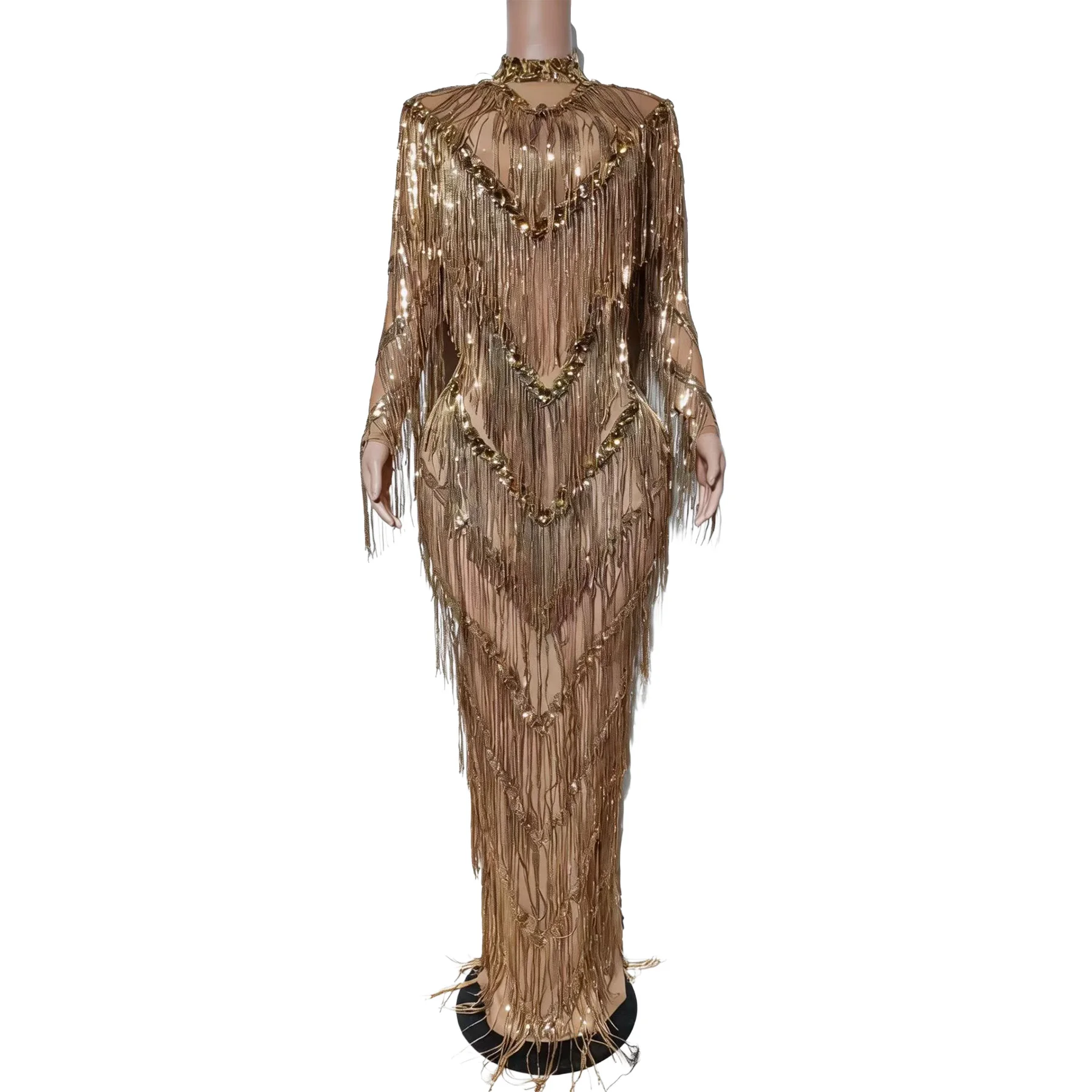 Dajinbei Luxury Gold Fringe Rhinestone Nude Mesh High Neck Long Sleeve Mermaid Dress Evening Wedding Guest Gown