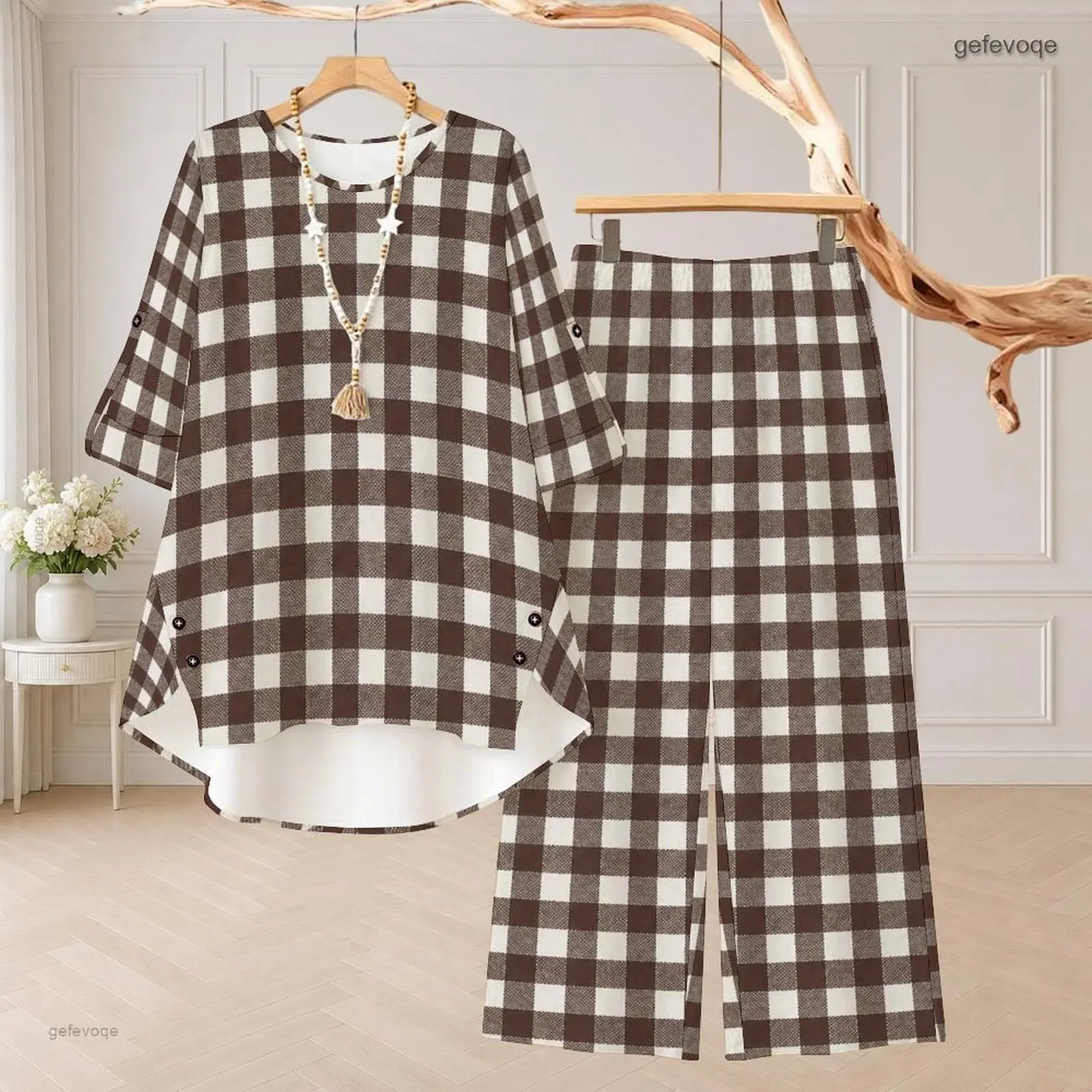 Women Red Diagonal Tartan Plaid Printed Round Neck 3/4 Sleeve Top And Wide Leg Pants Two Piece Pants Set