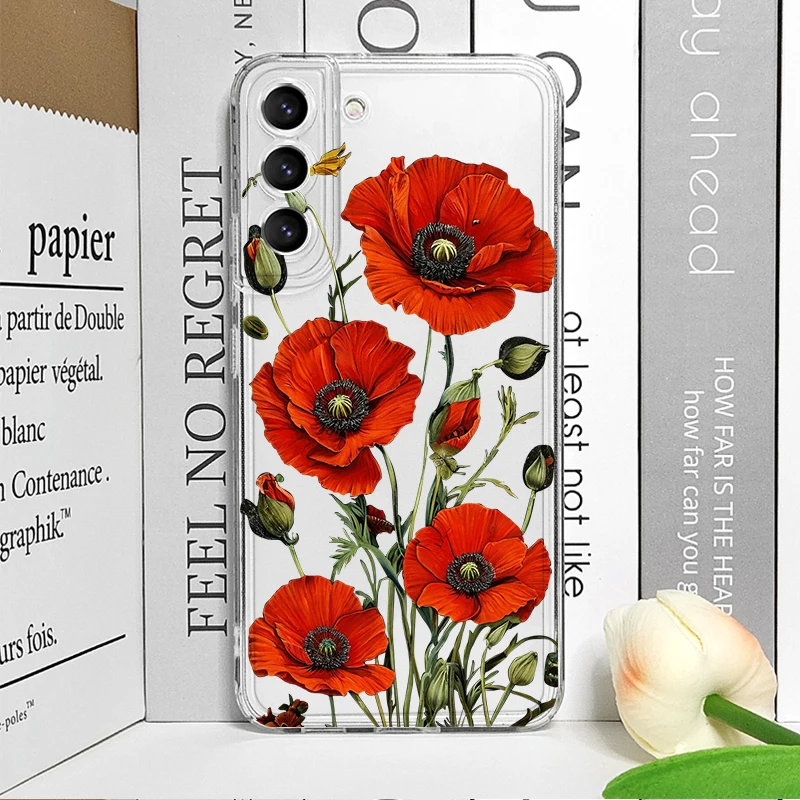 Poppy Flower Bloom Hot Red Floral Print Clear Phone Case for Samsung A14 A16 A36 A55 A54 A53 A52 A51 A50 A15 A22 A71 Soft Cover - view 4