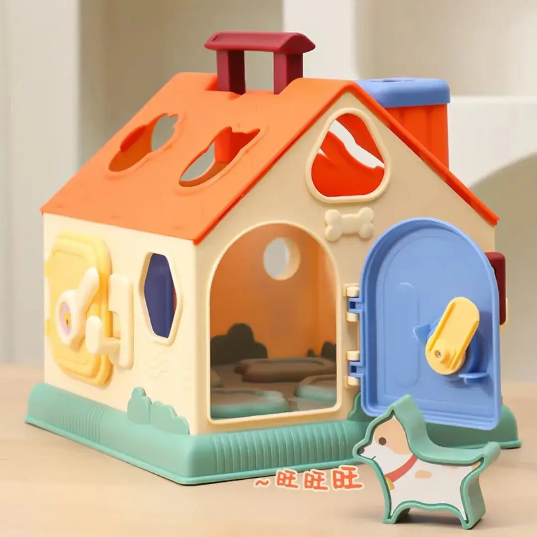 Maison de tri pour bébé avec interrupteur à clé, jouets Montessori, blocs de construction de tri de formes de couleur pour chat et chien, jeux d'éducation précoce, cadeaux