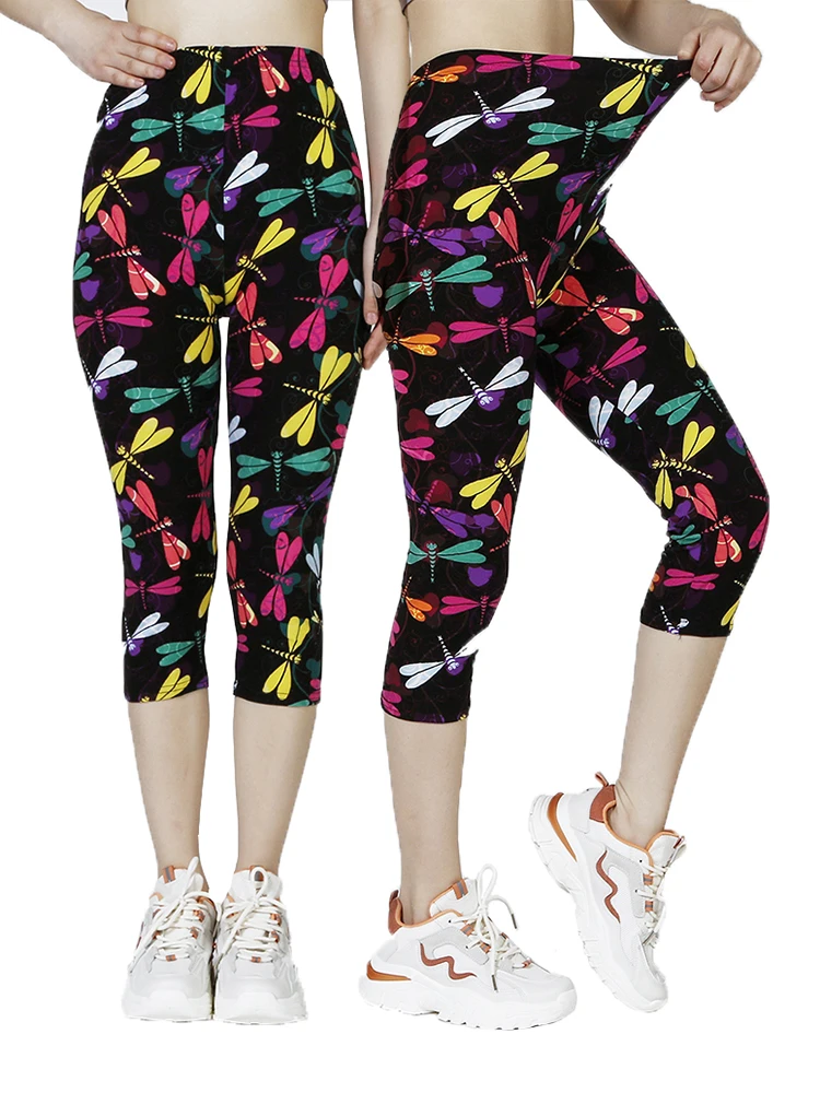 CUHAKCI-Leggings coloridos con estampado de libélula para Mujer, mallas para gimnasio, pantalones Capri informales para Mujer, S-2XL