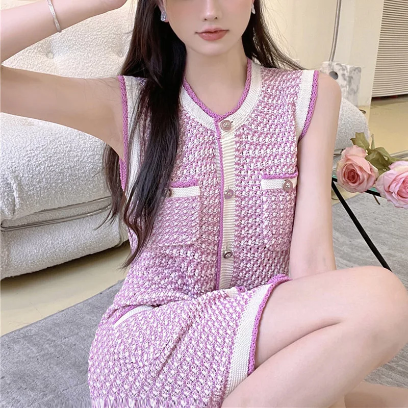 Striped Button Pocket Sleeveless Buttock Knitted Loose Women\'s Mini Dress Small Incense Style 2023 Summer Sexy Elegant Clothing