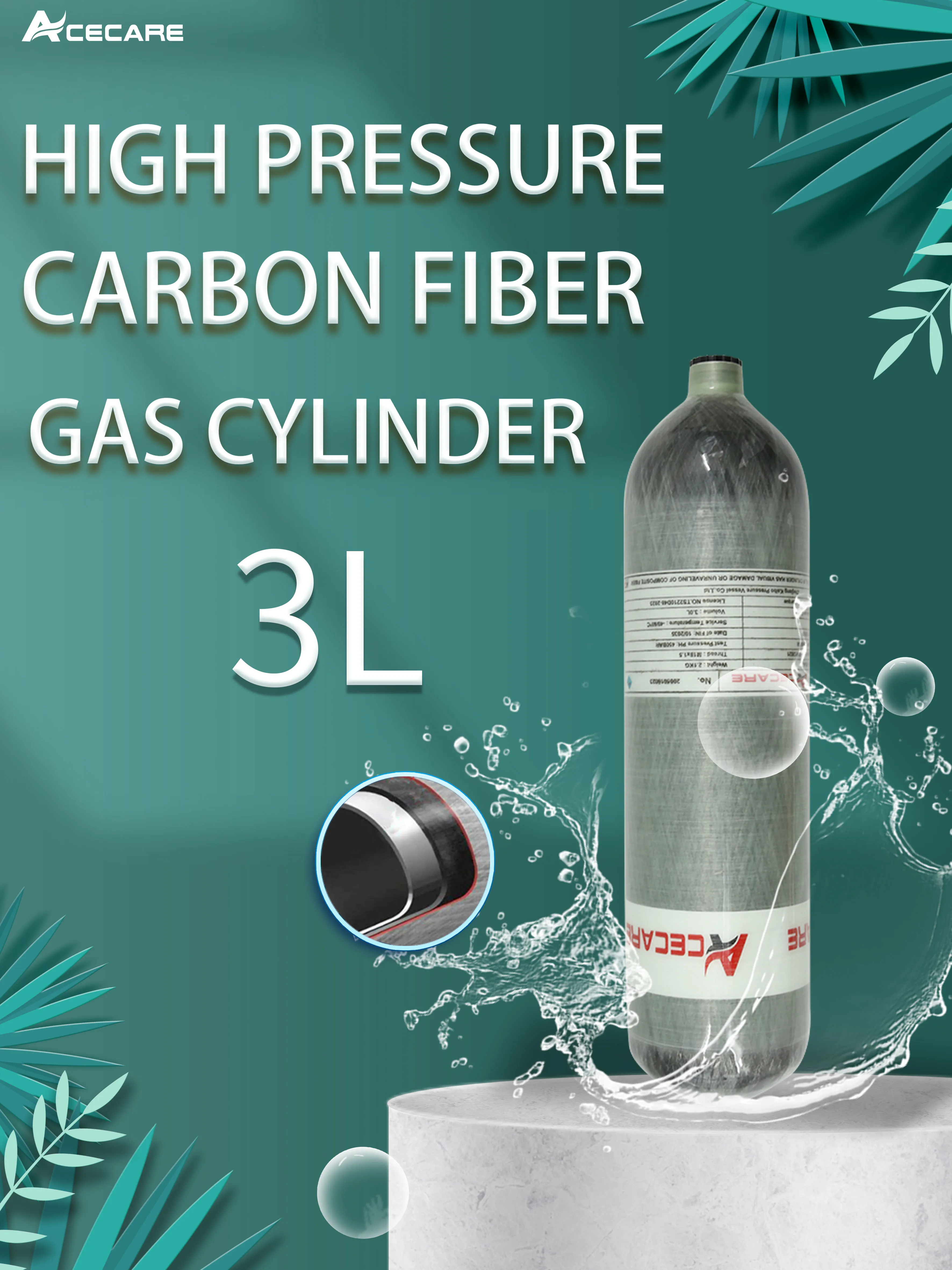 ACECARE Tanque de alta pressão do ar, cilindro da fibra do carbono, garrafa do mergulho autônomo, 4500Psi, 300Bar, 30Mpa, 3L, M18 * 1.5