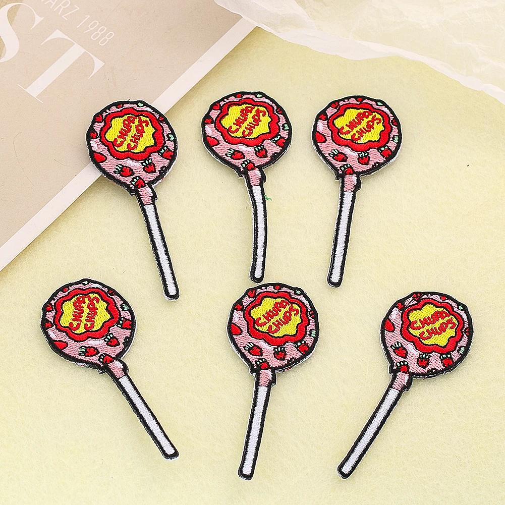 2PCS Embroidered Strawberry Lollipop Stickers Custom Iron on Transfers for Clothing Patches DIY Holes Embellishments Accessories