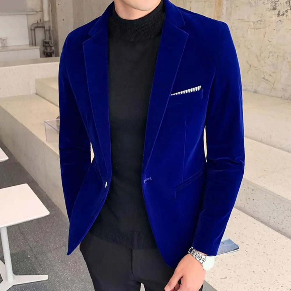 Men Golden Velvet Suit Blazer Turndown Collar Long Sleeve Slim Fit Velvet Business Blazers Groom's Wedding Dress Suit Jacket