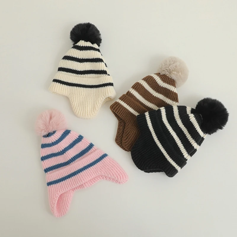 

New Autumn Winter Knitted Warm Baby Hat Striped Ear Protection Children's Beanie Cap Pompom Ball Bonnet for 2-6 Year Boy Girl