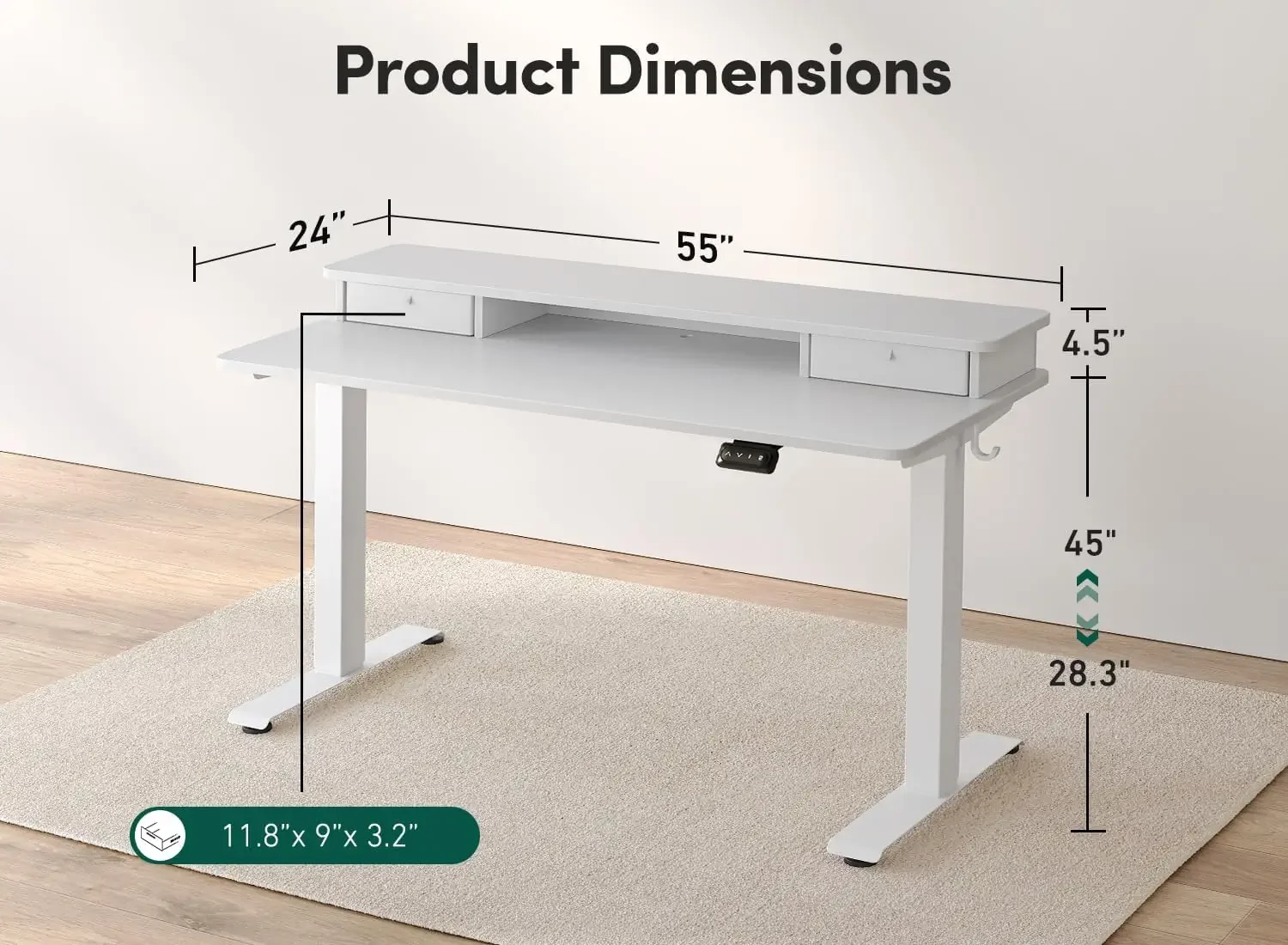 55 X 24 Inch Height Adjustable Electric Standing Desk with Double Drawer, Stand Up Desk W/ Storage Shelf, Sit Stand Desk, White