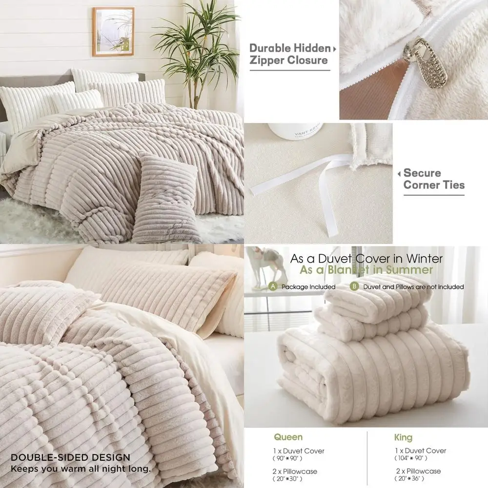 

Luxurious King Size Beige Striped Velvet Flannel Faux Fur Duvet Cover Set - Reversible Winter Warmth 3-Piece Comforter