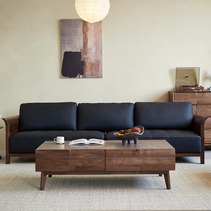 

Customizable black walnut sofa, three-person solid wood sofa with coffee table