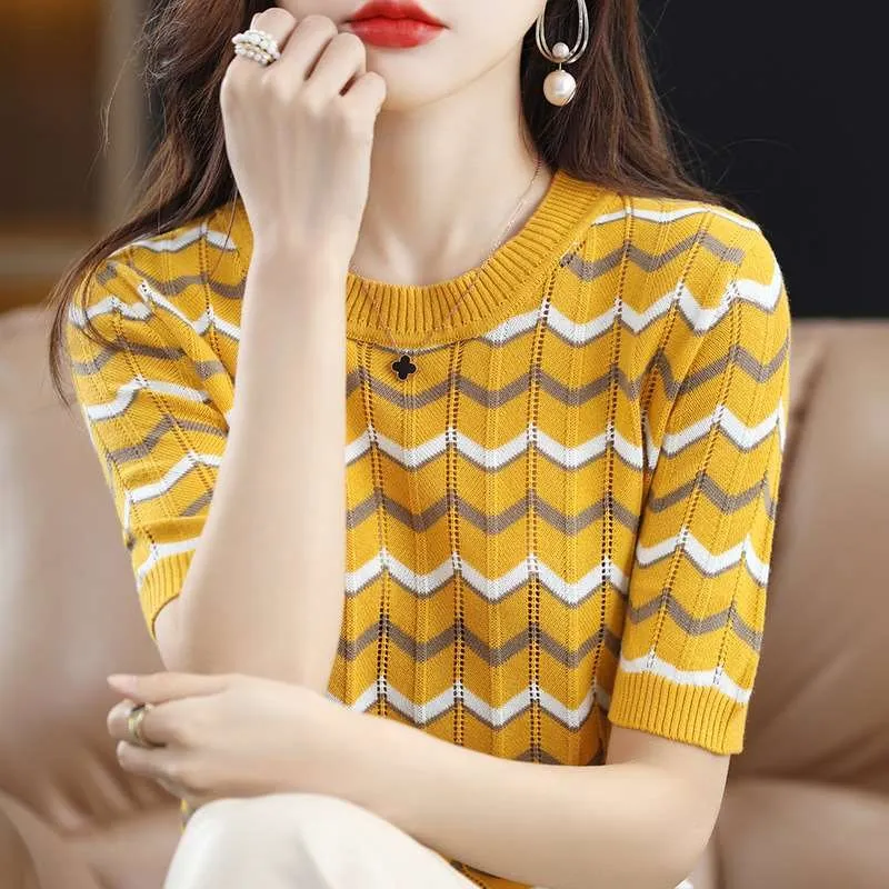 

Women's Striped ort-Sved T-irt Spring Season Commute Sle New Summer Faion Knitted Casual Wear Autres 00% ...