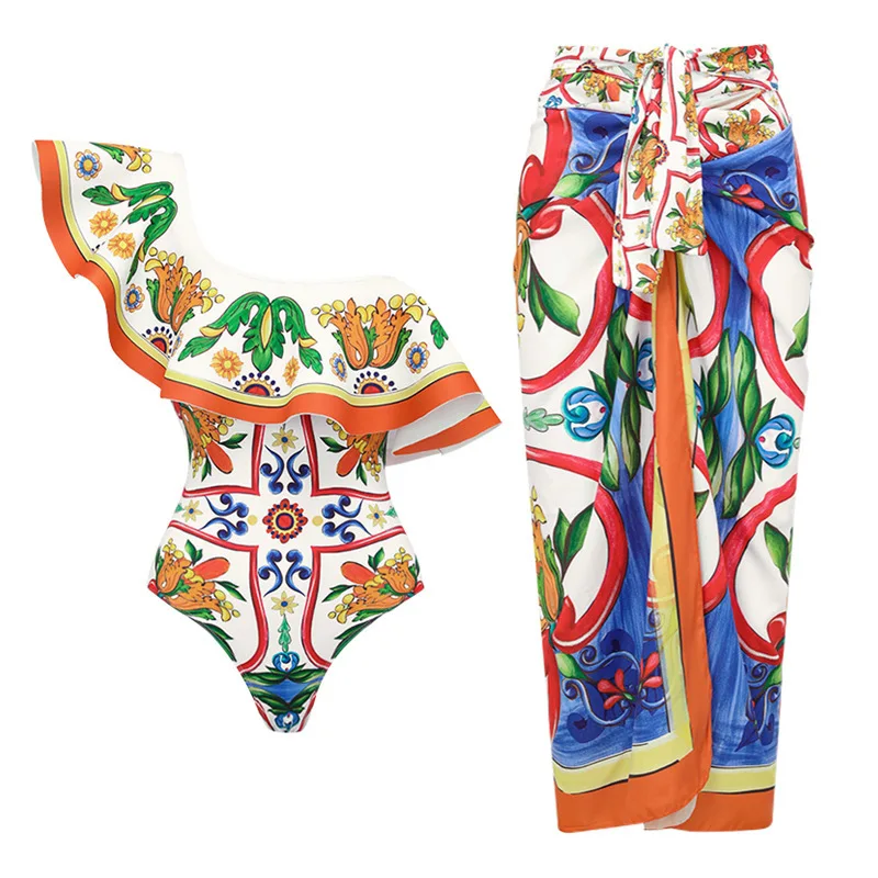 

New shoulder lotus leaf printed one-piece swimsuit set skirt