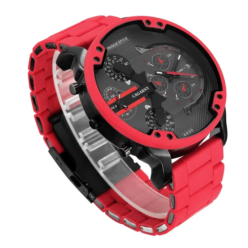 Dropshipping 57mm 3D Big Dial Red Watch Men Silicone Steel Band Mens Wristwatch Casual Quartz Watch 2 Time Military Reloj Hombre