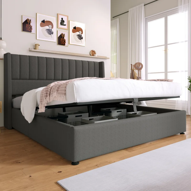 Lit coffre 174 x 38,5 x 19,5 cm double rembourré hydraulique avec sommier à lattes en bois, cadre métallique et lin gris pour chambre moderne, appartement, petit espace de rangement, maison, style minimaliste