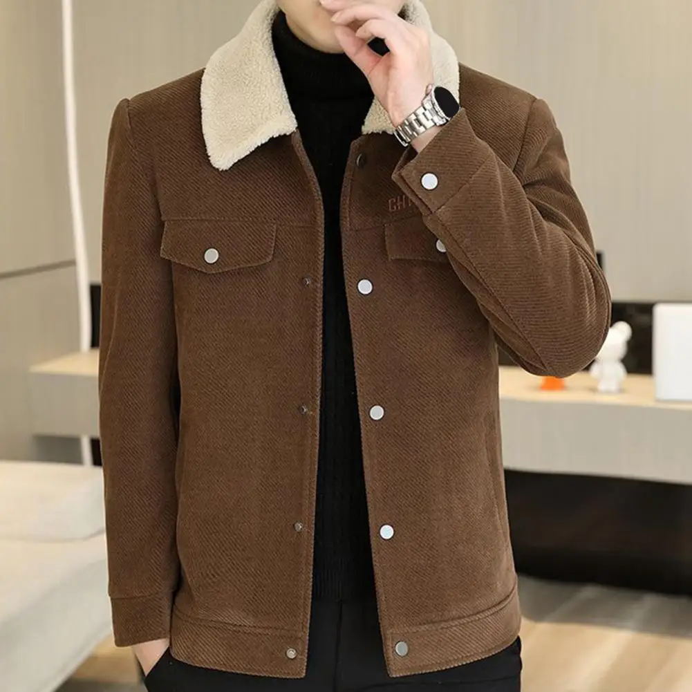 

Men Jacket Men's Solid Color Lapel Button Closure Jacket With Thickened Velvet Lining Outerwear For Wear Casual Winter Coat