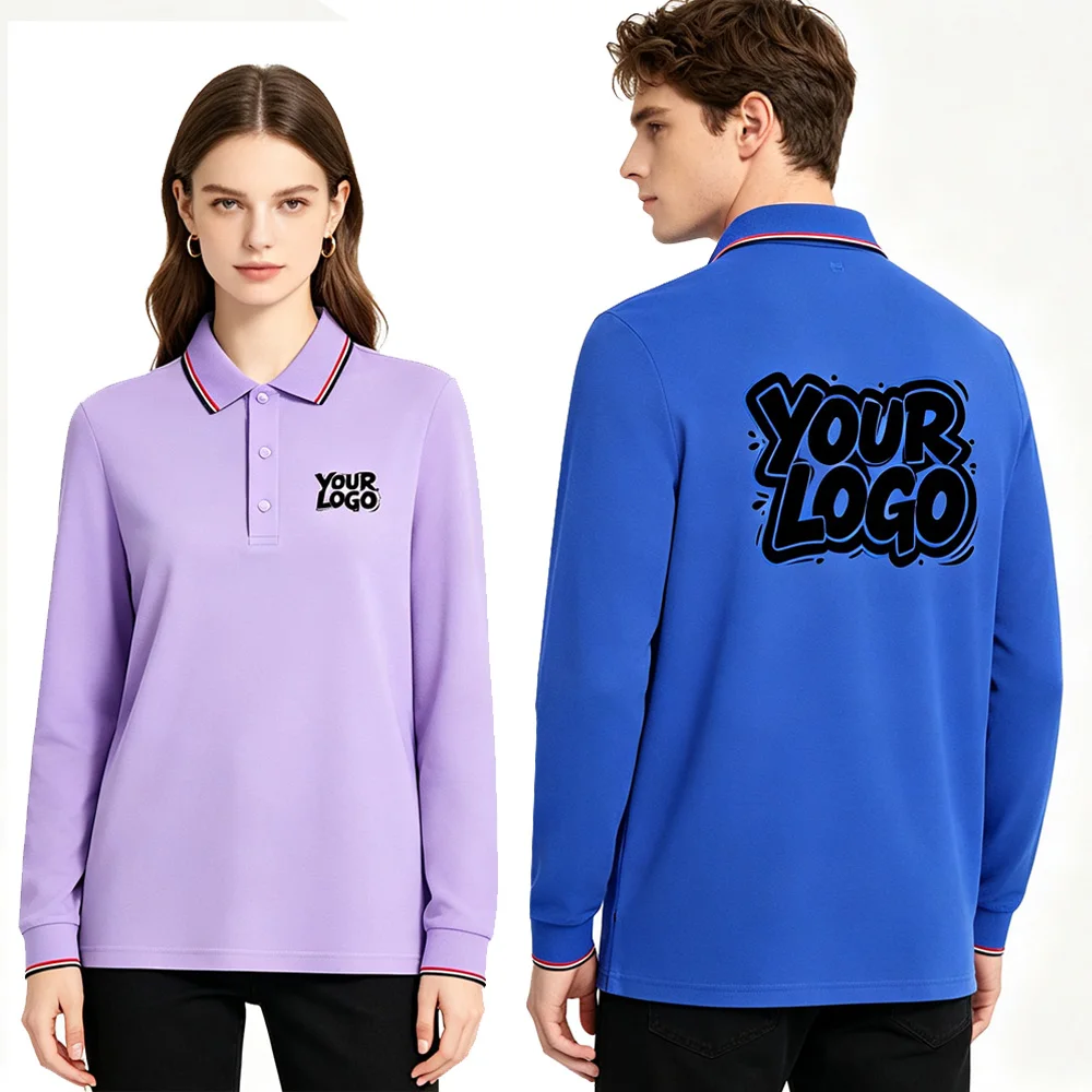 EU Size Custom Long Sleeve Polo Shirts for Men Women Business Corporate Team Work Uniform, Printable Logo Image Text Customized