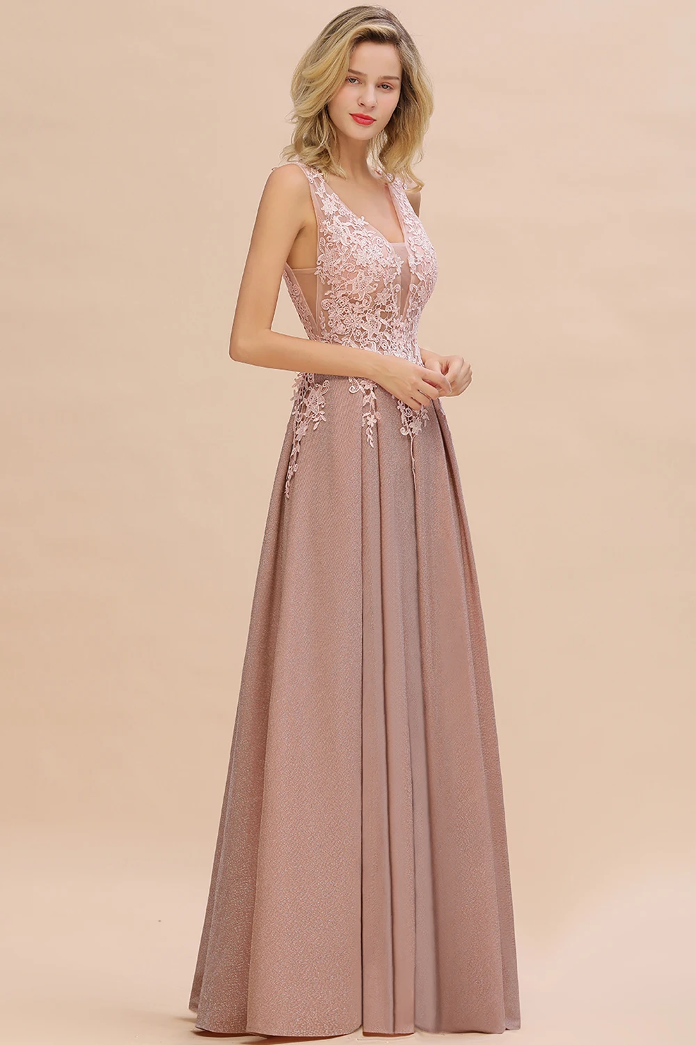 STEPHANIE Lace Appliques Long Bridesmaid Dresses for Women Party Elegant Dusty Pink V-neck A-Line Maxi Floor Length Gown Evening