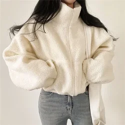 Pullover Autumn and Winter Full Zip Up Sweatshirt for Women Cold Thick Warm Woman Tops with Zipper Lambswool Apricot Dropshiping