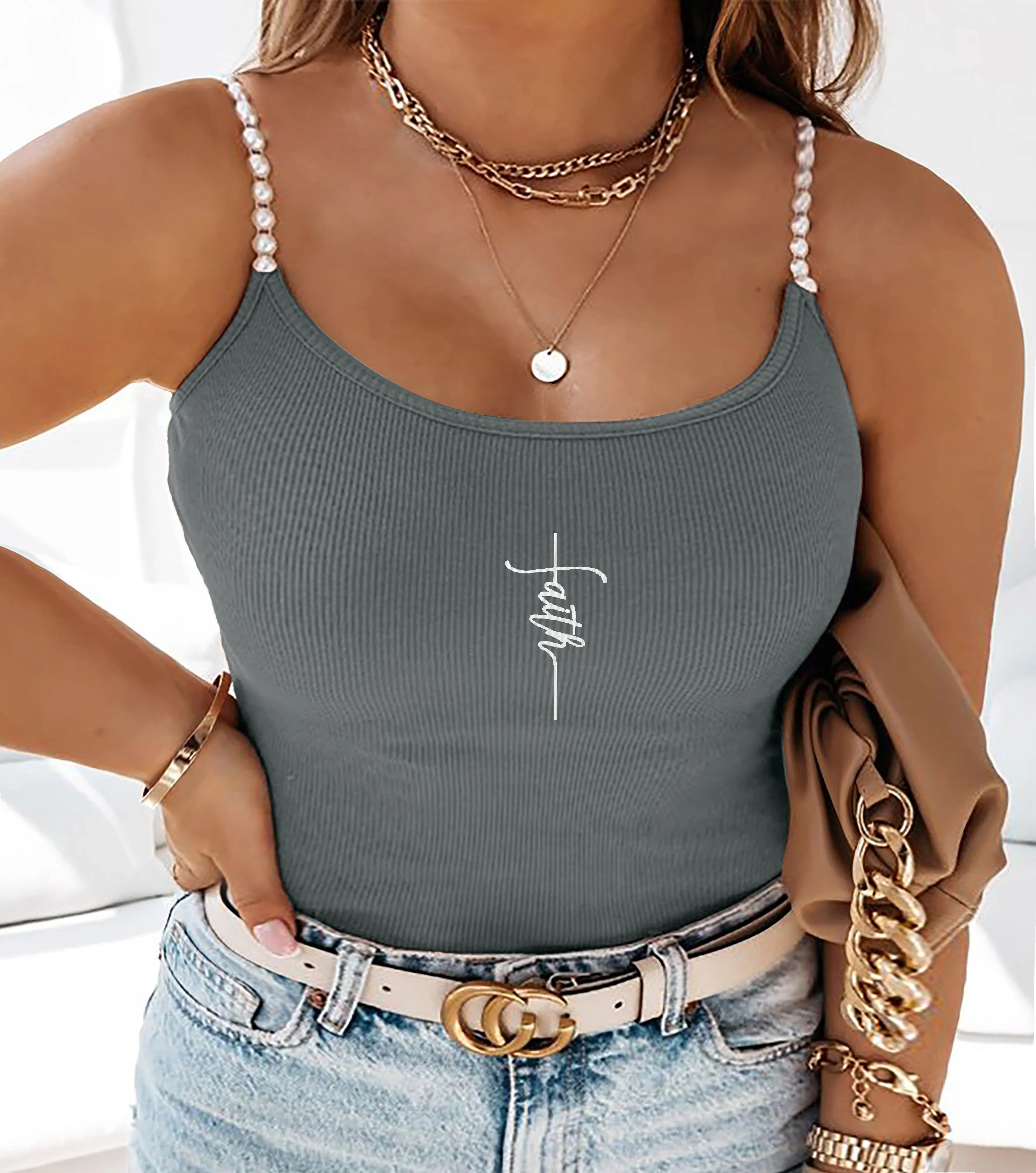 Tank Top Ribbed - Серый укороченный топ-камизоль больших размеров с